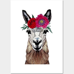 Floral Crown Llama Red and Pink Flowers Posters and Art